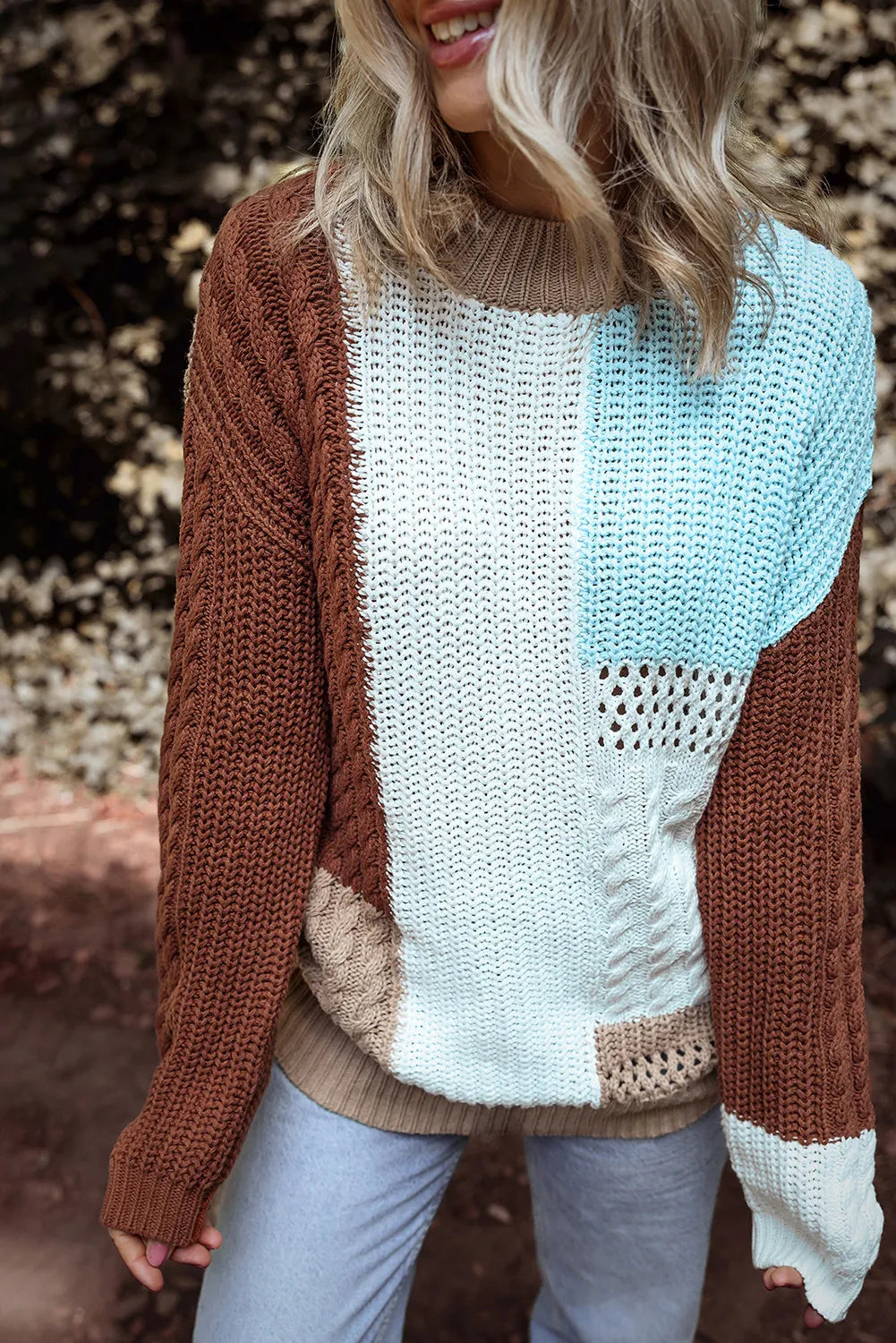 Color Block Round Neck Long Sleeve Sweater Elegant Classic Vintage