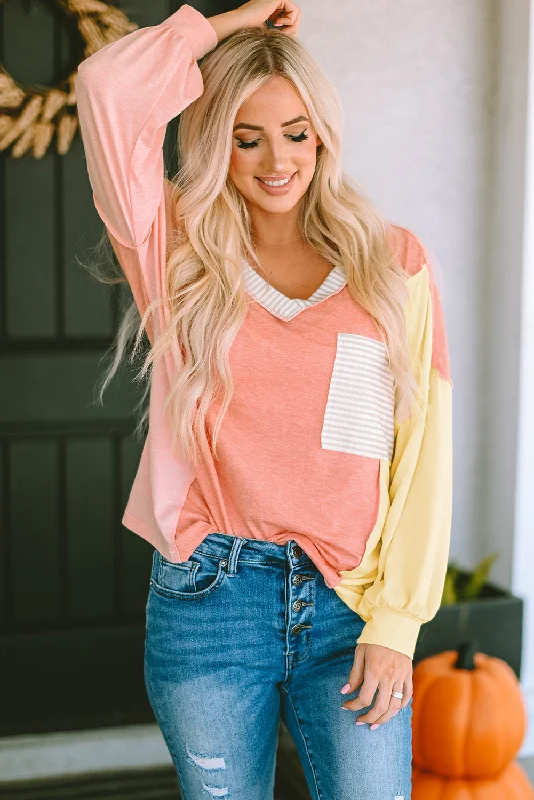 Color Block V-Neck Dropped Shoulder Sweatshirt with Pocket Hoodie with Side Slits Relaxed Casual Color Block V-Neck Dropped Shoulder Sweatshirt with Pocket Hoodie with Side Slits Relaxed Casual