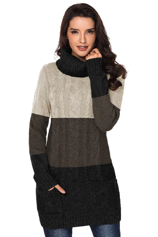 Colorblock Cowl Neck Cable Knit Sweater Dress Solid Color Striped Floral Print