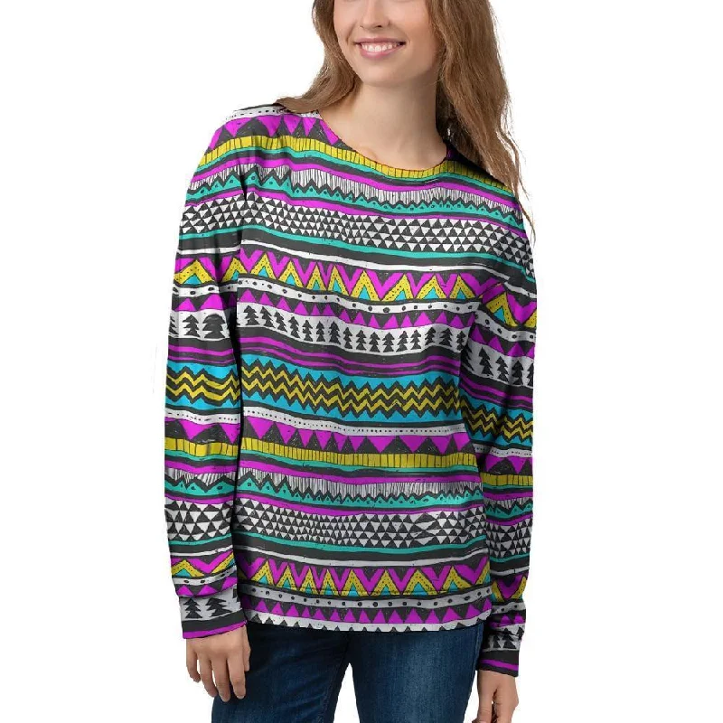 Colorful Indian Aztec Doodle Triangles Women's Sweatshirt Hoodie with Side Slits Relaxed Casual Colorful Indian Aztec Doodle Triangles Women's Sweatshirt Hoodie with Side Slits Relaxed Casual