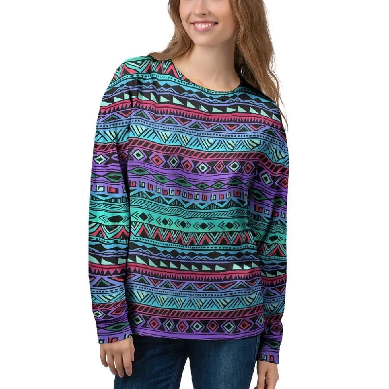 Colorful Neon Tribal Aztec Hand Drawn Women's Sweatshirt Hoodie with Mock Neck Collared Structured Colorful Neon Tribal Aztec Hand Drawn Women's Sweatshirt Hoodie with Mock Neck Collared Structured