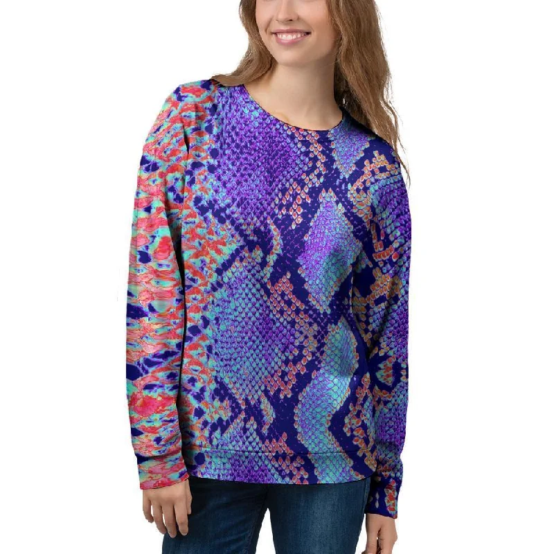 Colorful Snakeskin Print Women's Sweatshirt Hoodie with Raw Hem Edgy Unfinished