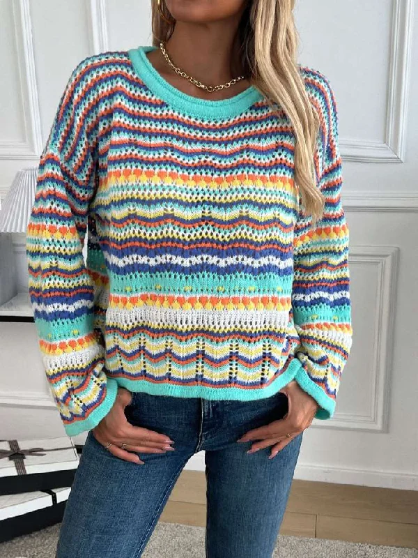 Contrast Color Striped Knitting Sweater Welt Pockets Slit Pockets Flap Pockets
