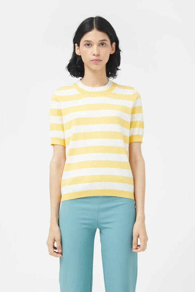 Striped Short Sleeve Sweater - Yellow Soft Cozy Warm