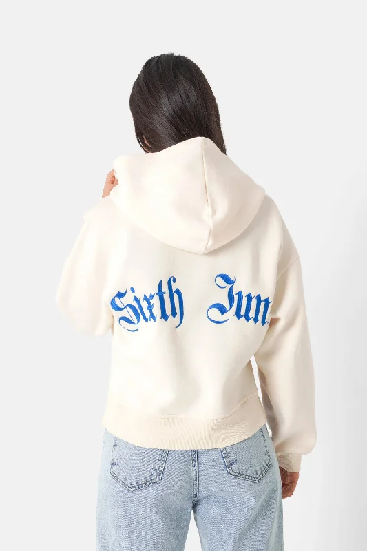 Sweatshirt capuche logo gothique Beige Hoodie with Hidden Zipper Minimalist Clean