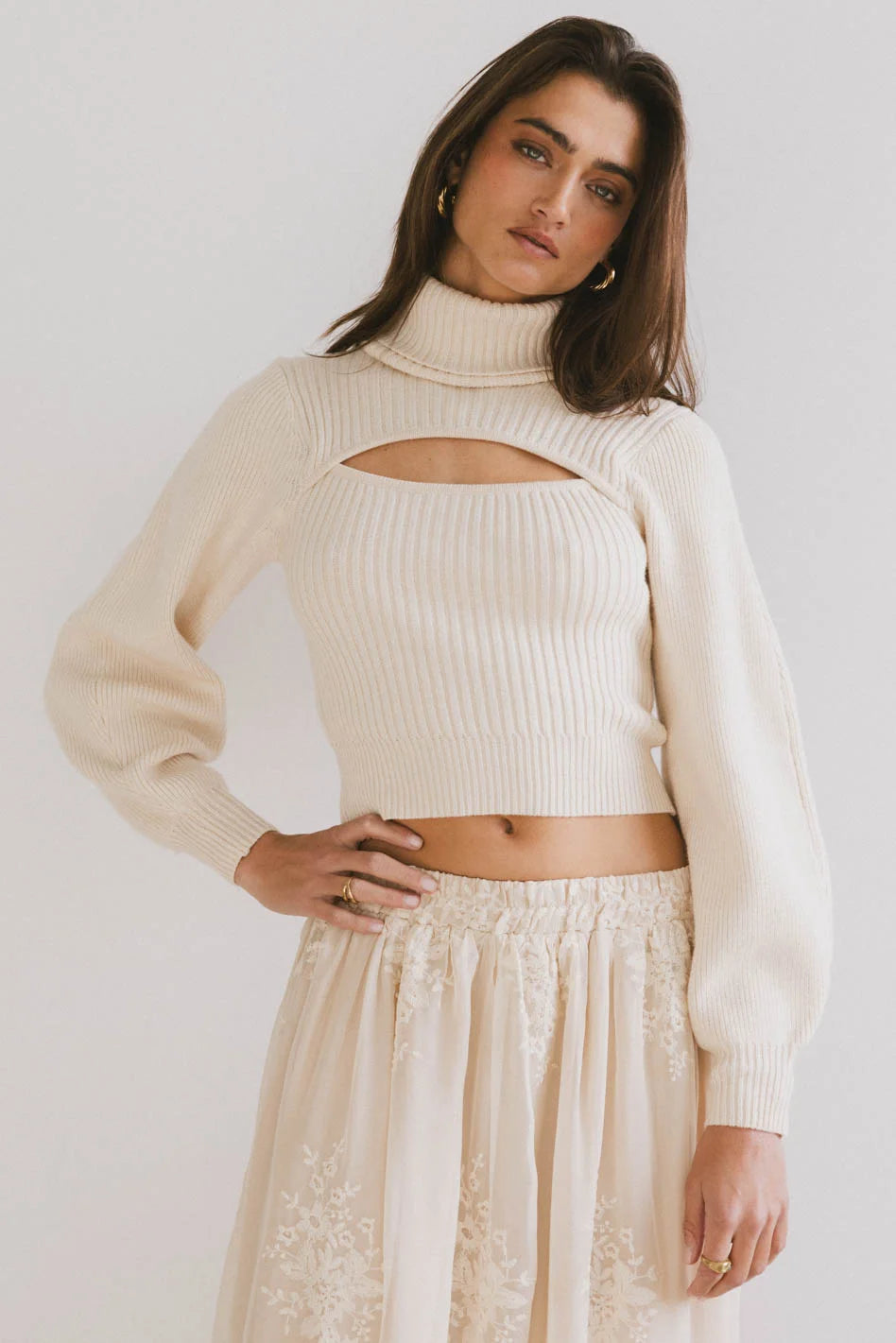 Cut Out Turtleneck Sweater in Cream Lace Blend Ribbed Blend Corduroy Blend