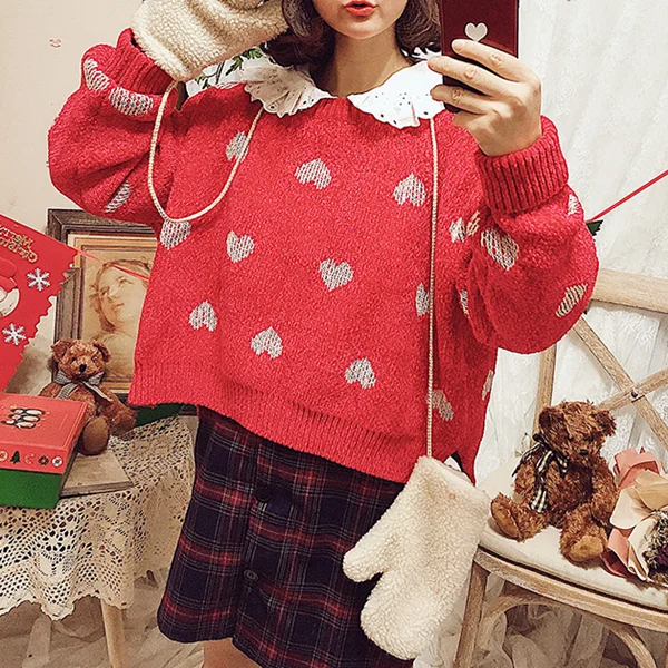 Cute heart red knit sweater YV40769 Boat Neck Shawl Collar Notched Collar