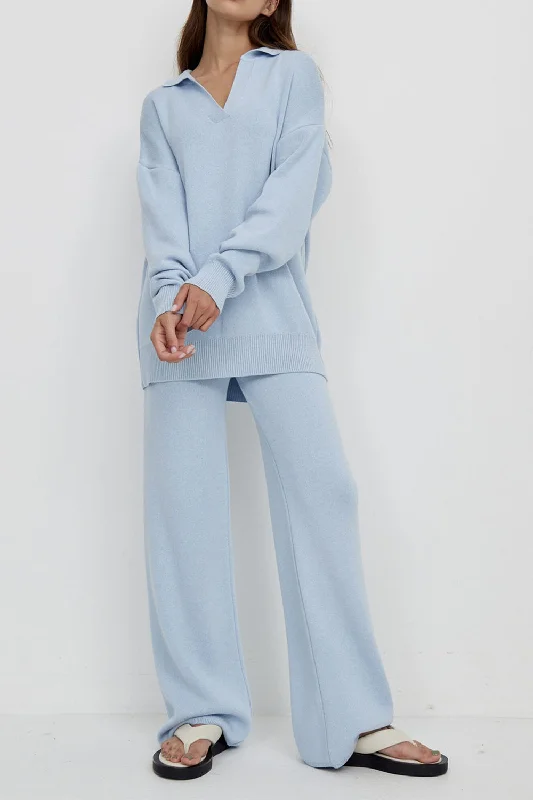 Dropped Shoulder Sweater and Long Pants Set Seamless Knitted Crochet