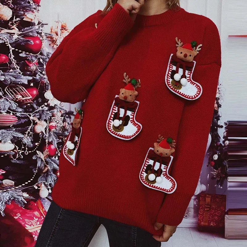 Elk 3D Decoration Christmas Sweater - Long Sleeve Knit Pullover Graphic Sweater Embroidered Appliqued Elk 3D Decoration Christmas Sweater - Long Sleeve Knit Pullover Graphic Sweater Embroidered Appliqued