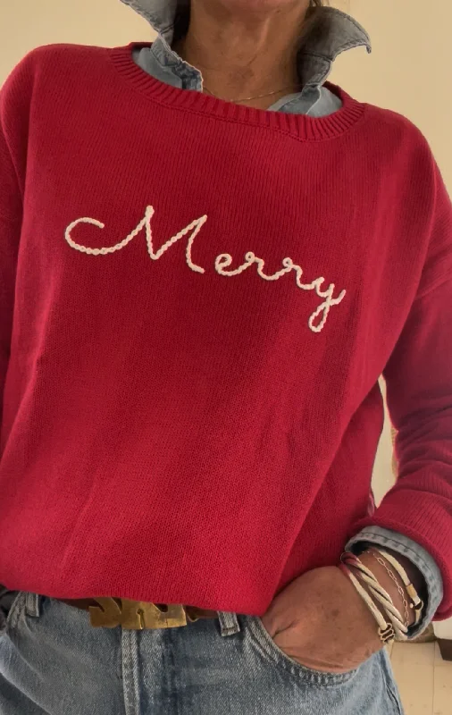 Embroidered Merry Sweater -100% Cotton Sweater Thin Thick Dense