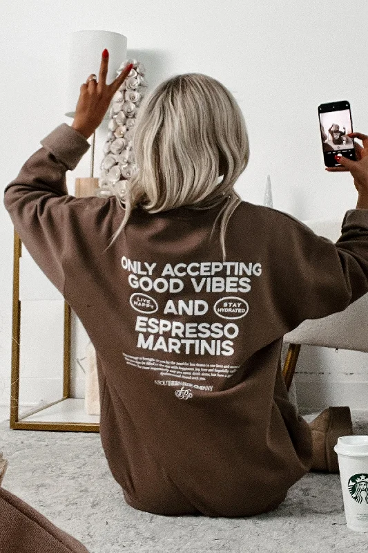 "Good Vibes And Espresso" Graphic Sweatshirt (Brown) Hoodie with Button Placket Classic Preppy