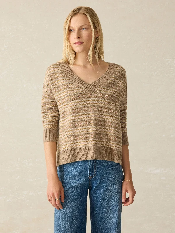Highland Fairisle V-Neck Sweater - Sugar Cookie Fairisle Graphic Sweater Embroidered Appliqued Highland Fairisle V-Neck Sweater - Sugar Cookie Fairisle Graphic Sweater Embroidered Appliqued
