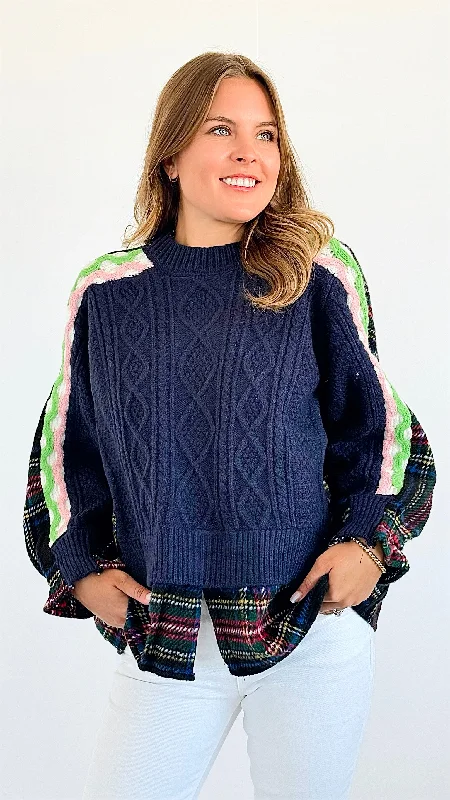 Highland Knit Patchwork Sweater - Navy Cotton Fabric Linen Fabric Terry Fabric