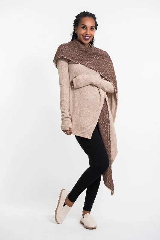 Hoodie Shawl Cardigan in Brown Hoodie with Hem Ribbing Snug Secure