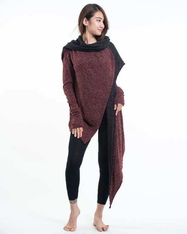 Hoodie Shawl Cardigan in Maroon Hoodie with High Neck Warm Protective
