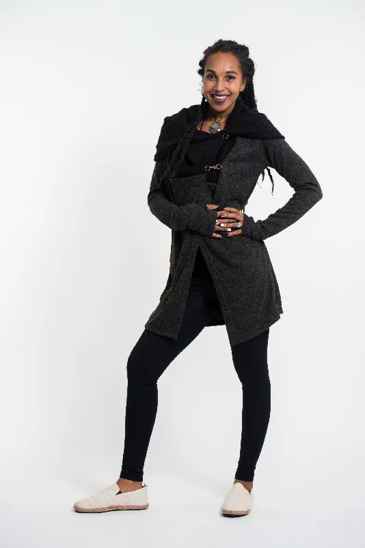 Hoodie Shawl Jacket with Metal Clasp in Black Hoodie with Front Slit Layering Stylish Hoodie Shawl Jacket with Metal Clasp in Black Hoodie with Front Slit Layering Stylish