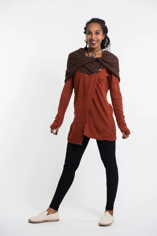 Hoodie Shawl Jacket with Metal Clasp in Brick Hoodie with Relaxed Fit Easy Casual