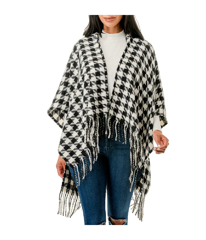Houndstooth Hooded Poncho Hoodie with Sequins Glamorous Eye-catching