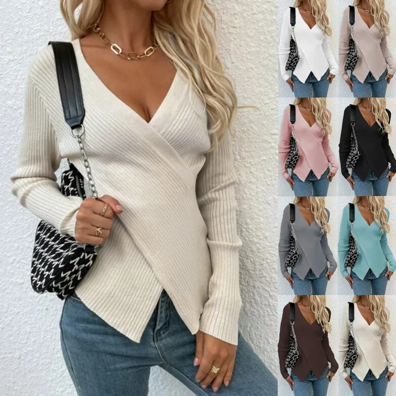 Irregular Cross Sweater Women's Top Fleece Sweater Nylon Polyester