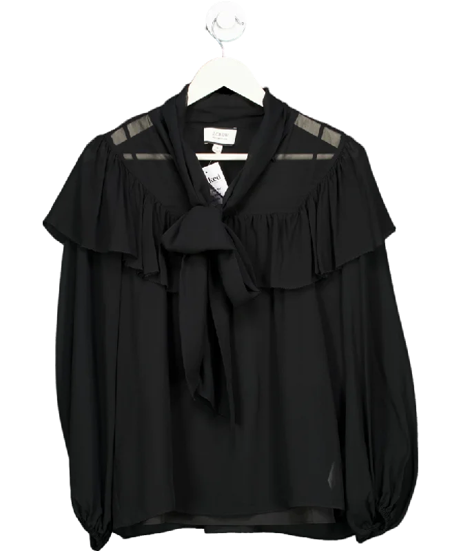 J Crew Black Ruffle Shoulder Tie-neck Blouse UK S Satin Drape Blouse