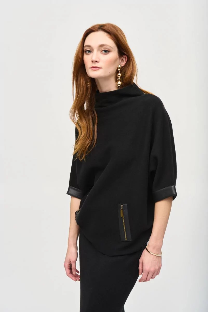 Joseph Ribkoff Sweater Knit Funnel Neck Top Style 243966 Black Front Pockets Side Pockets Patch Pockets