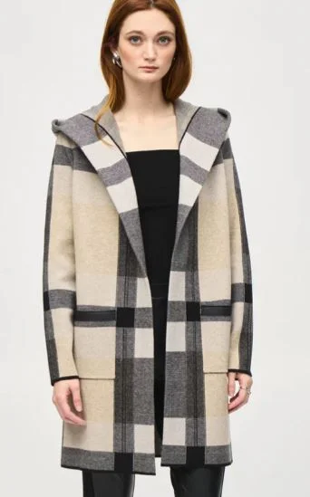 Joseph Ribkoff Sweater Cover Up Style 243925 Black/Oatmeal Melange/Grey Ribbed Striped Patterned