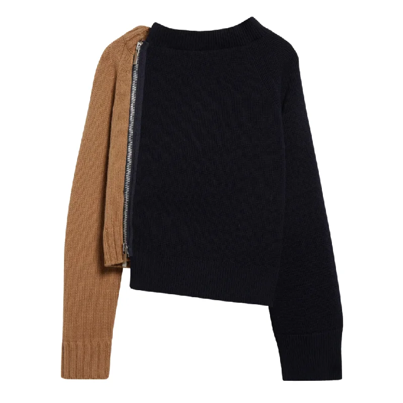 Knit Zip Sweater - Color block Fleece Sweater Nylon Polyester