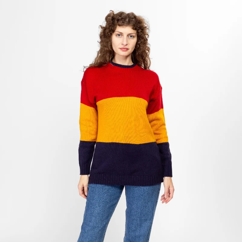 Large 80s Chunky Color Block Knit Sweater Print Jacquard Patchwork