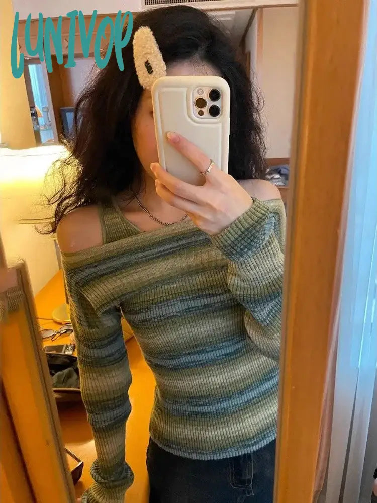 Lunivop Harajuku Off Shoulder Knitted Sweater Women Vintage Green Striped Jumper Fairycore Slim Two Piece Sets Y2K Tops E-girl Faux Fur Fabric Real Fur Fabric Shearling Fabric