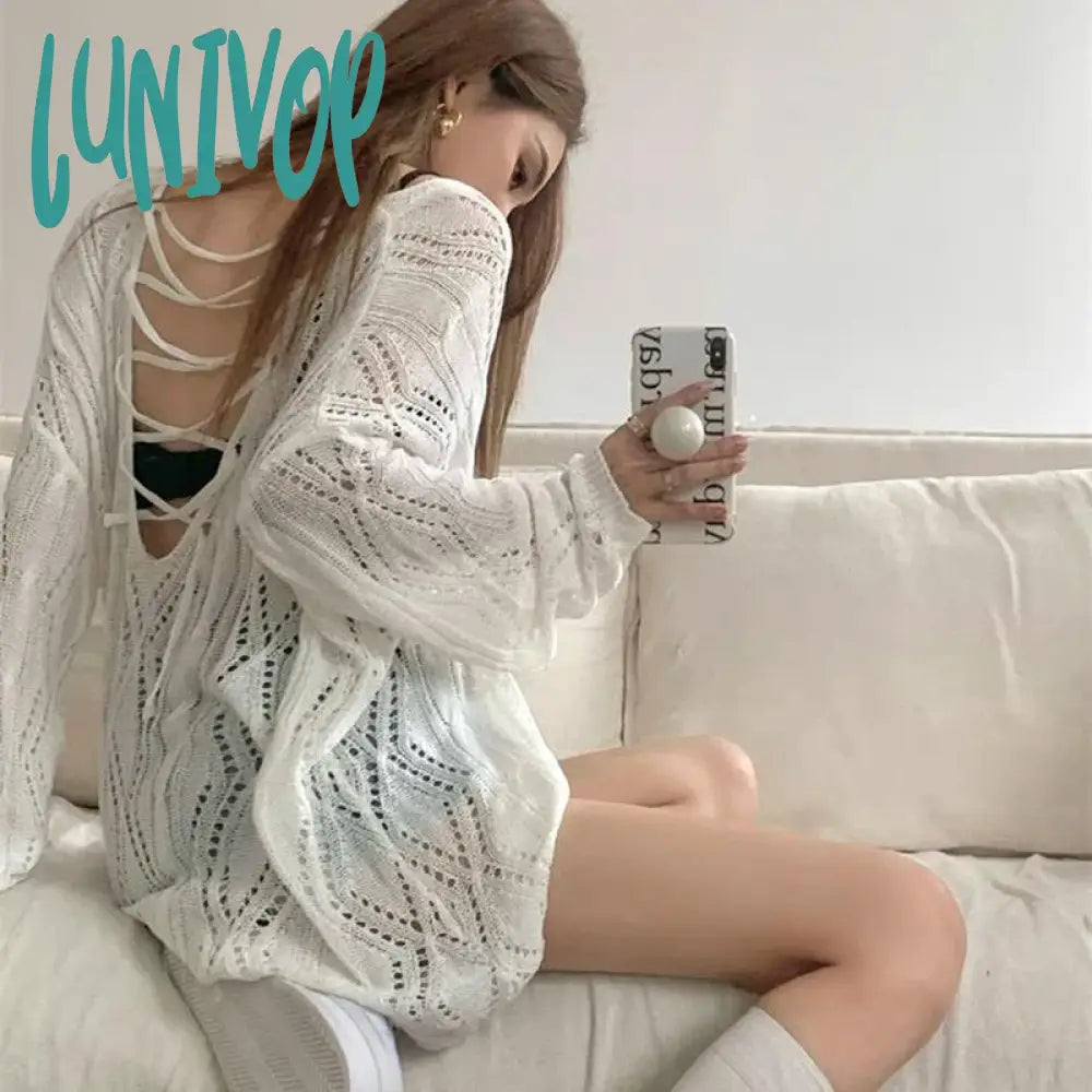 Lunivop Knitted Hollow Out Sweater Women Harajuku Loose Backless Lace Up Y2K Jumpers Female Korean Prepply Thin Sweaters Tops Lightweight Heavyweight Midweight