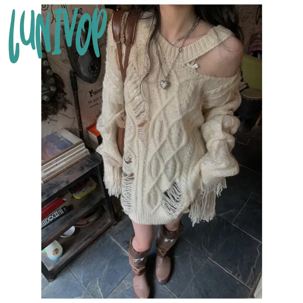Lunivop Y2k Vintage Beige Knit Sweater Women Grunge Harajuku Irregular Off Shoulder Jerseys Hollow Out Hippie Streetwear Jumper Graphic Sweater Embroidered Appliqued