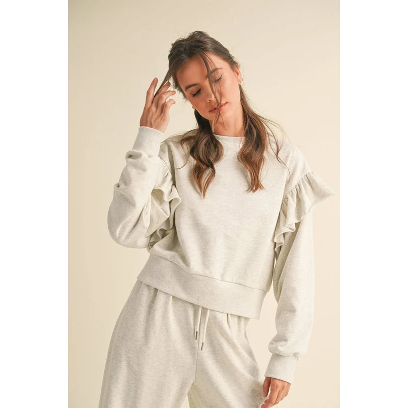 Miou Muse - Ruffled Detailed Sweatshirt - Heather Grey Hoodie with Mesh Breathable Sporty Miou Muse - Ruffled Detailed Sweatshirt - Heather Grey Hoodie with Mesh Breathable Sporty