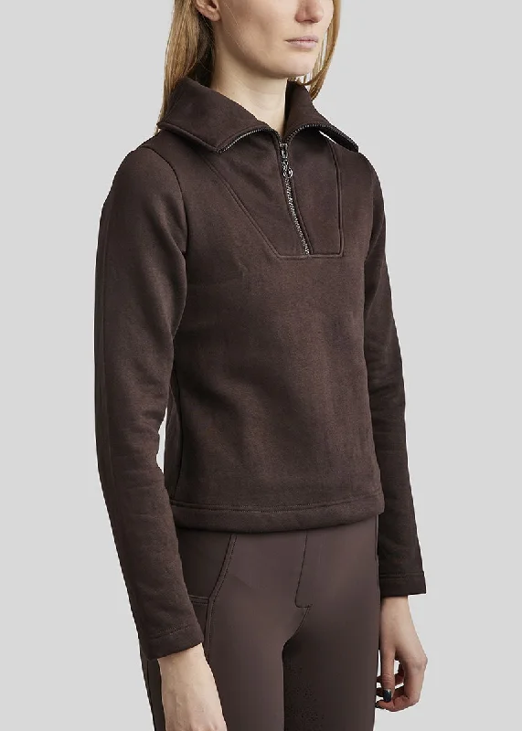 MoElla Quater Zip Brushed Sweatshirt - Brown Hoodie with Contrast Stitching Detailed Premium MoElla Quater Zip Brushed Sweatshirt - Brown Hoodie with Contrast Stitching Detailed Premium
