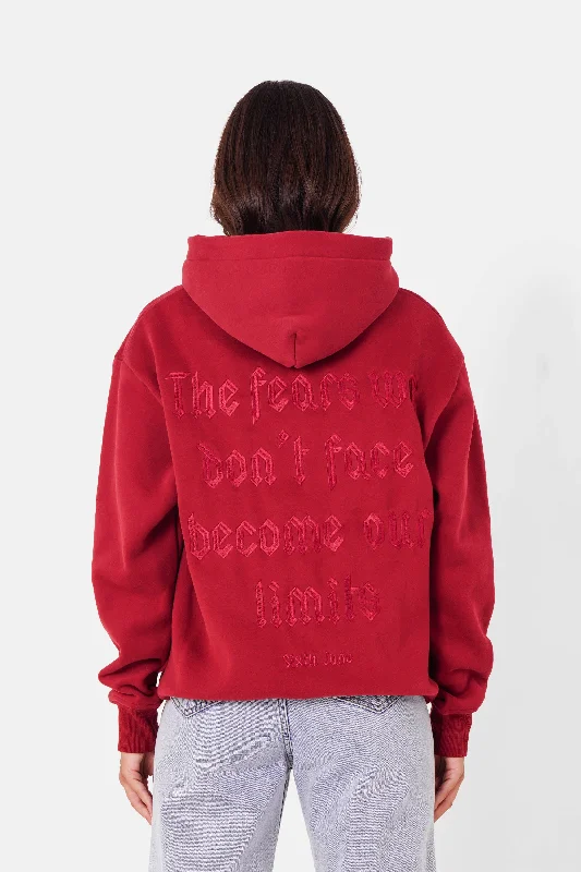 Sweatshirt logo gothique imprimé Rouge Bordeaux Hoodie with Hem Frayed Vintage Worn