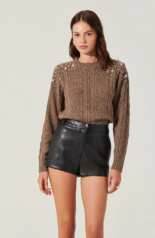 Pearl Embellished Cable Knit Sweater Silk Blend Satin Velvet