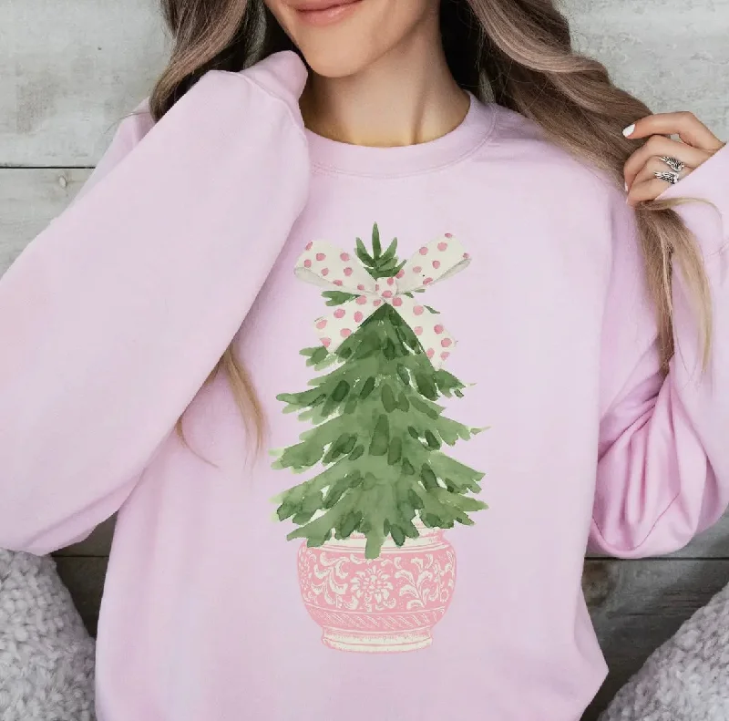 Pink Chinoiserie Christmas Tree Sweatshirt Hoodie with Lining Warm Insulated