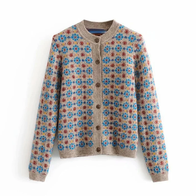 Print Knitted Sweater Women Long Sleeve Cardigan Sweater Knitwear Pullover
