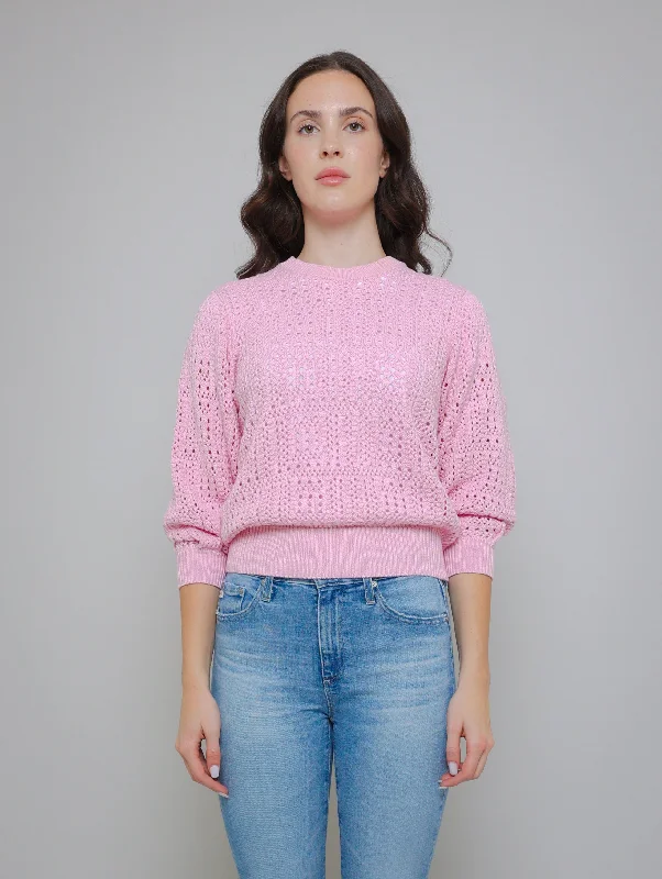 Puff Sleeve Tile Stitch Crew Sweater - Peppermint Mesh Fabric Canvas Fabric Denim Fabric