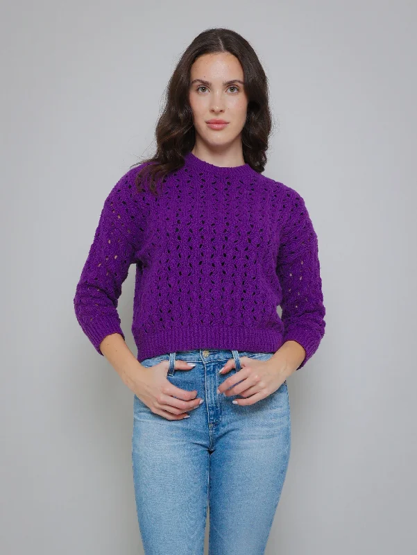 Puff Stitch Crew Sweater - Purple Embroidered Appliqued Beaded
