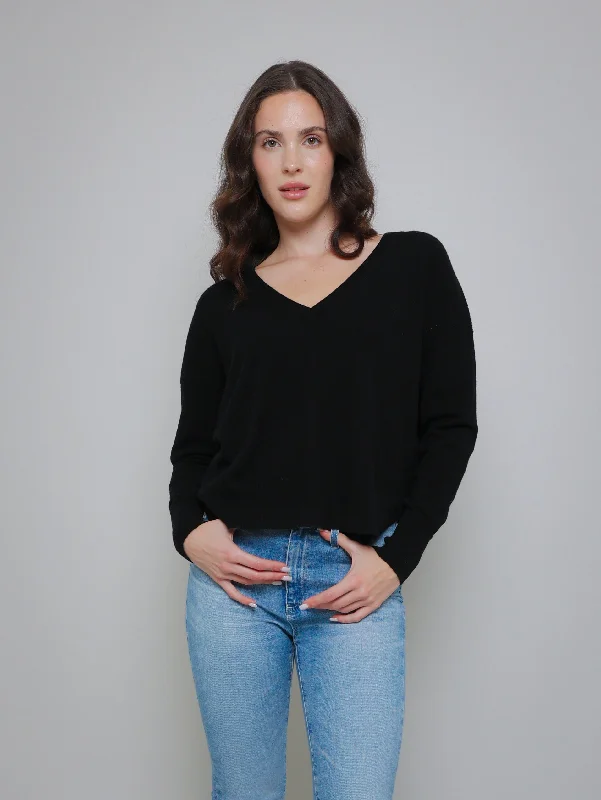 Relaxed V Neck Sweater - Black Chenille Fabric Brocade Fabric Lace Fabric