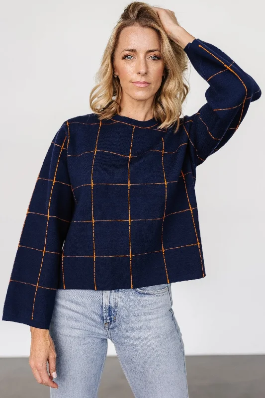 Remington Sweater | Navy + Orange Hooded Sweater Collared Sweater Shawl Collar