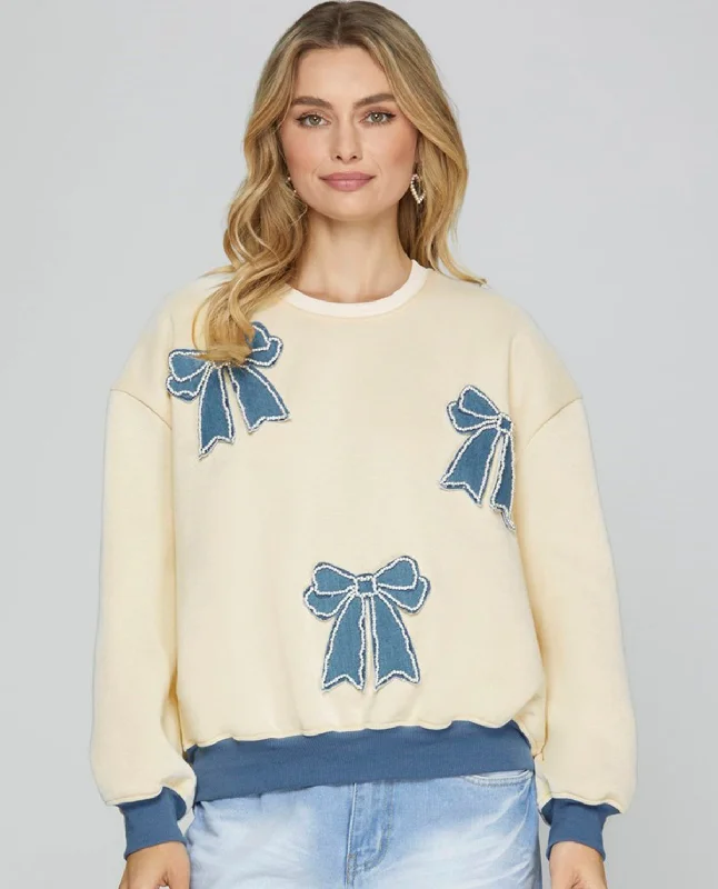 Sweatshirt with Denim Bow Patches Hoodie with Pastel Soft Subtle