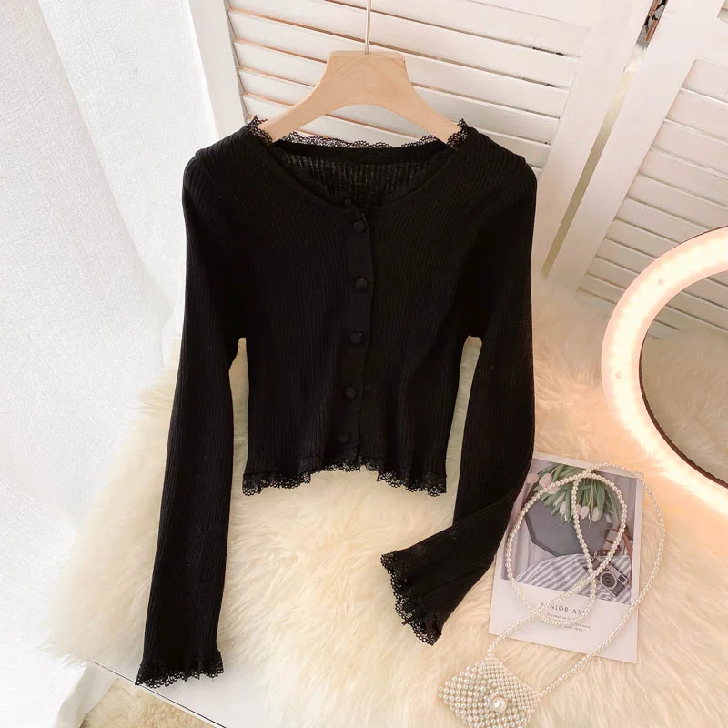 Simple Cardigan Lace Long Sleeve Sweater  020 Solid Color Striped Floral Print