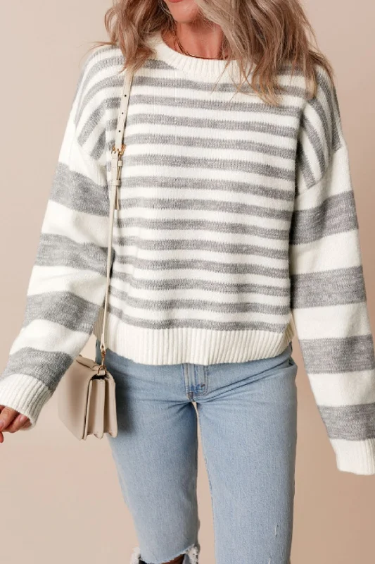 Striped Dropped Shoulder Sweater Mesh Fabric Canvas Fabric Denim Fabric