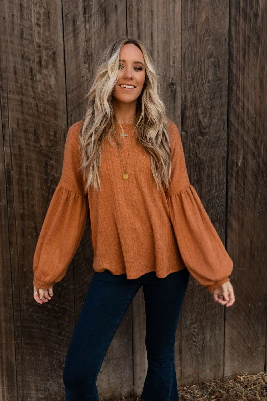 The Nest Sweet Heart Balloon Sleeve Knit Sweater - Burnt Orange Cotton Fabric Linen Fabric Terry Fabric