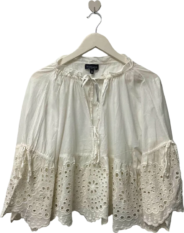 Topshop White Embroidered Blouse UK 8 High Neck Blouse