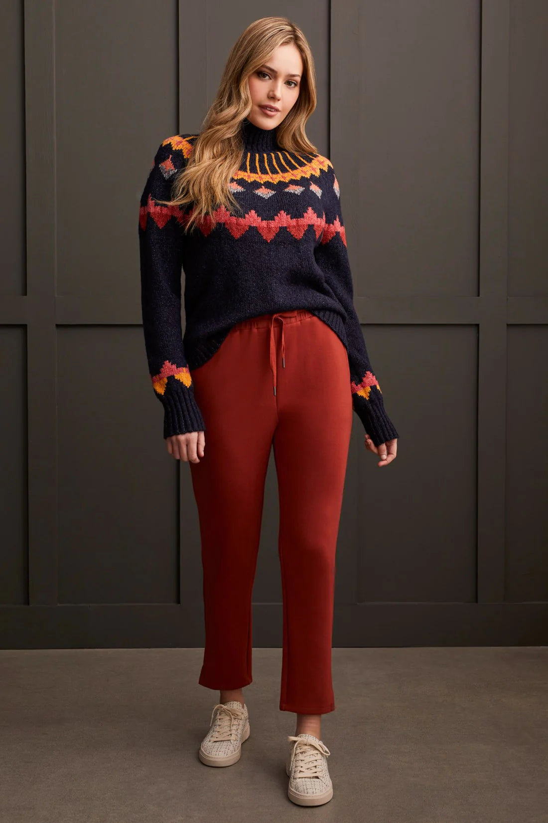 Tribal Novelty Yarn Mock Neck Intarsia Sweater Ribbed Striped Patterned