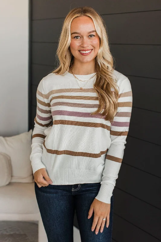 Way Back When Striped Sweater- Ivory & Taupe Embroidered Appliqued Beaded
