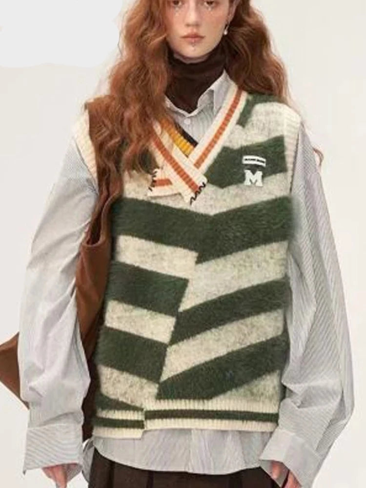 Womens Unconventional Design Stripe Mohair Sweater Vest Warm Casual Female Clothing Spandex Rayon Corduroy