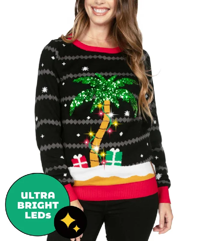 Women’s All Is Palm All Is Bright Light Up Ugly Christmas Sweater Iron Safe Non-Iron Wrinkle Free